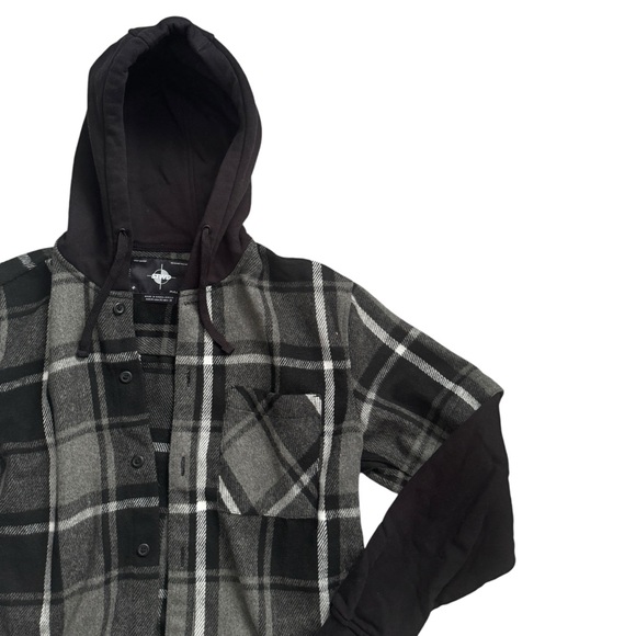 Pull&Bear 'Don't Say Goodbye' Hooded Flannel Jacket - Black/Gray Plaid - Size M - Picture 6 of 9